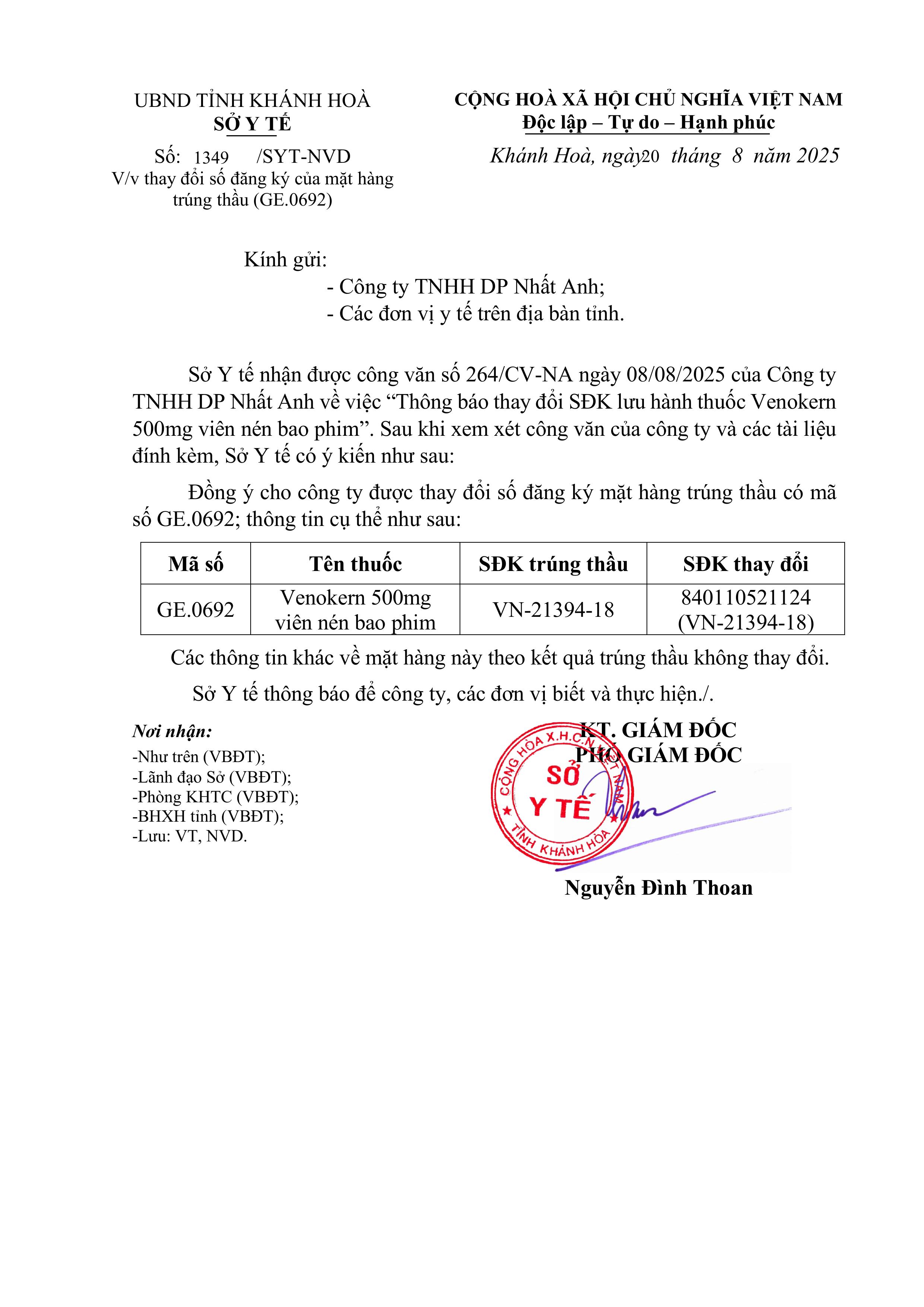 V/v thay đổi số đăng ký của mặt hàng trúng thầu (GE.0692)